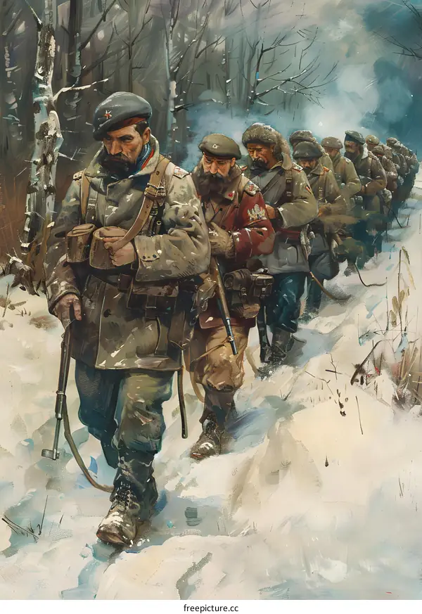 Russian Soldiers Marching Through a Snowy Forest During World War I