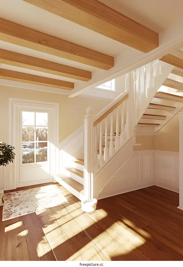 Modern White Staircase with Wooden Beam Ceiling in a Home Interior