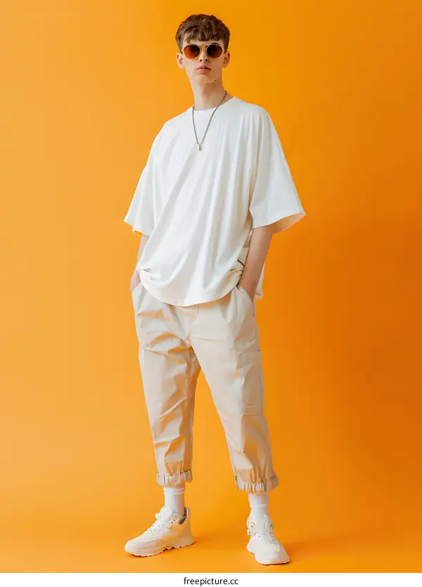 Man in White T-shirt and Beige Pants Posing Against Yellow Background