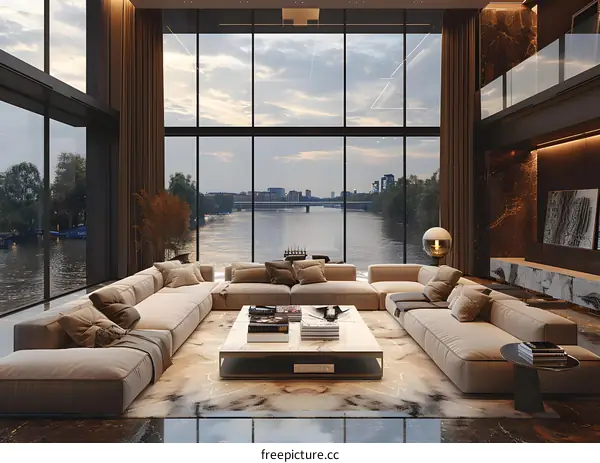 Luxurious living room overlooking river