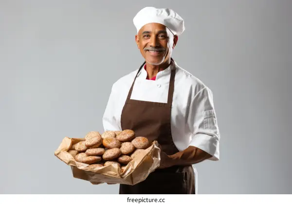 Smiling baker holding a tray of bread