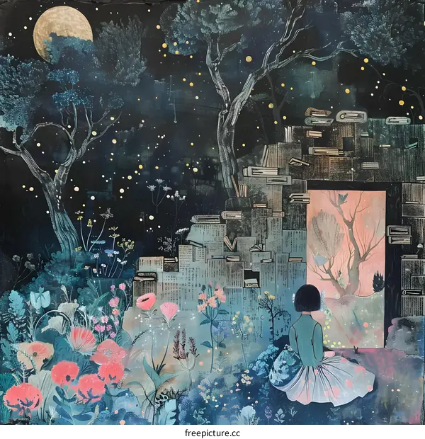 Girl Sitting in a Garden with a Book Wall at Night