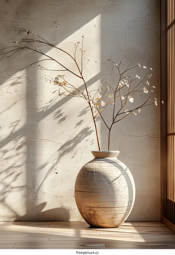 Beige Vase with Dried Plants in a Light-Filled Room