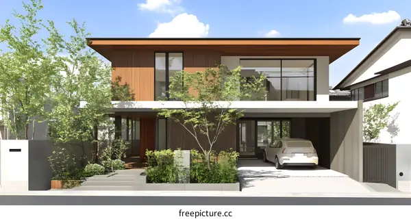 Modern Two Story House with Garage and Front Yard