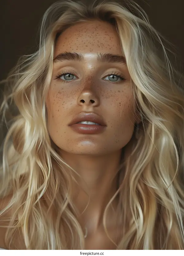 portrait of a beautiful blonde woman with freckles