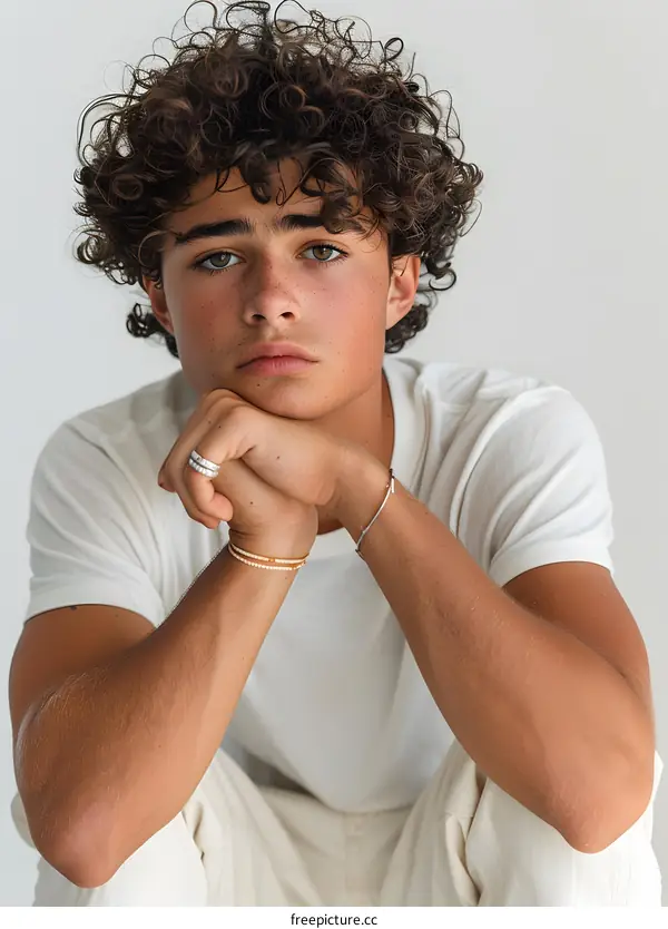 Portrait of a young man with curly hair and freckles
