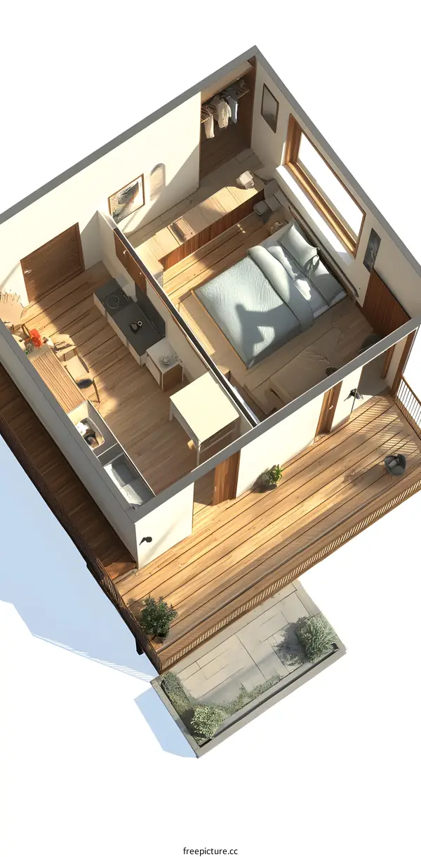 Modern Tiny House Floor Plan with Balcony and Kitchen