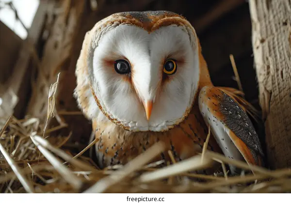 A close up of a barn owl sitting in a nest