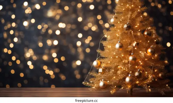 A beautiful golden Christmas tree stands in front of a dark blue background with golden bokeh lights.