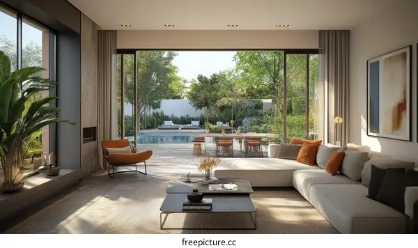 Modern Living Room Design with Backyard View
