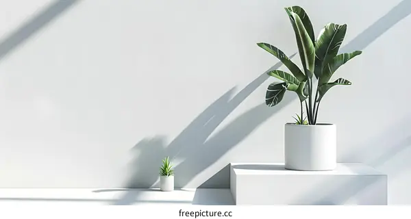 Minimalist White Wall With Green Plant In A White Pot And Sunlight