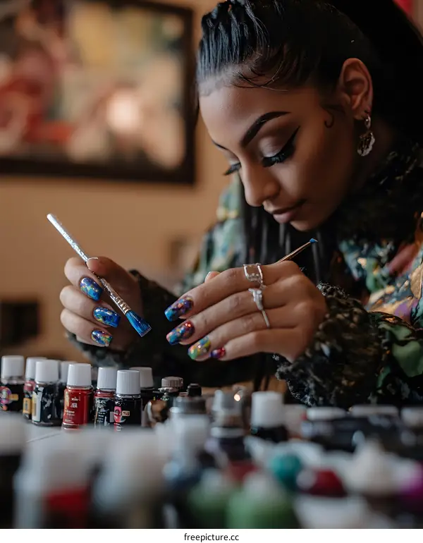 Woman Artist Painting with Colorful Nail Polish