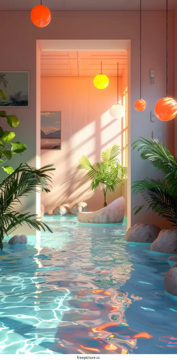 Surreal flooded hallway with pink walls and tropical plants