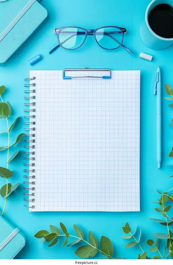 Blue Office Workspace with Notebook, Glasses, Pen, Coffee, and Eucalyptus
