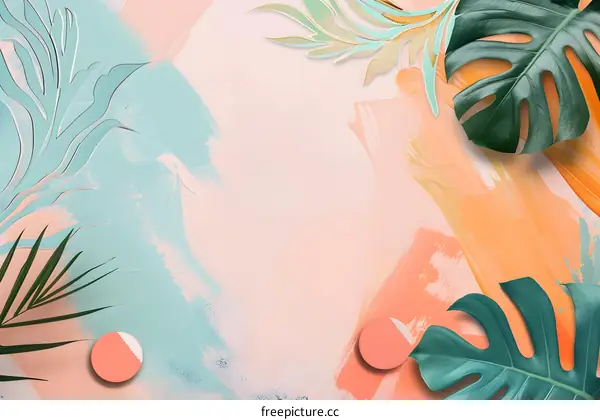 Tropical Leaves and Abstract Paint Background