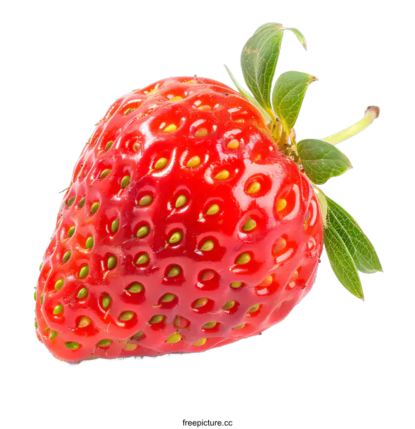 [Transparent Background PNG]Close Up Of One Ripe Red Strawberry With Green Leaves