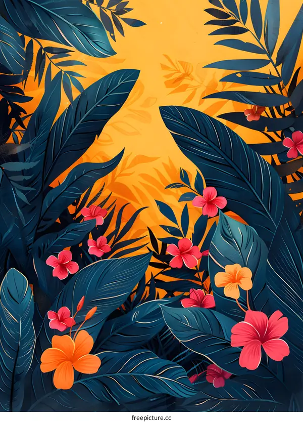 Tropical Leaves and Flowers Illustration