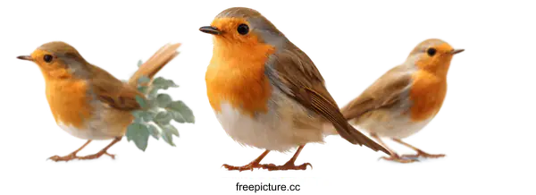 [Transparent Background PNG]Three Adorable Robins Against a White Background