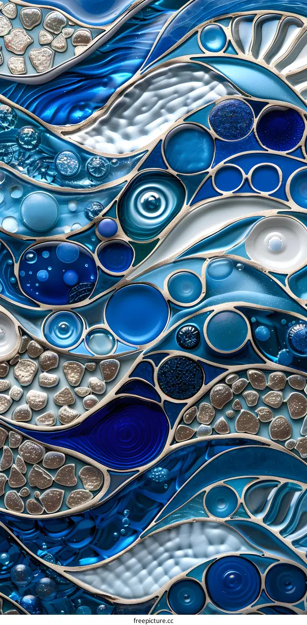 Blue mosaic artwork with circular and linear patterns