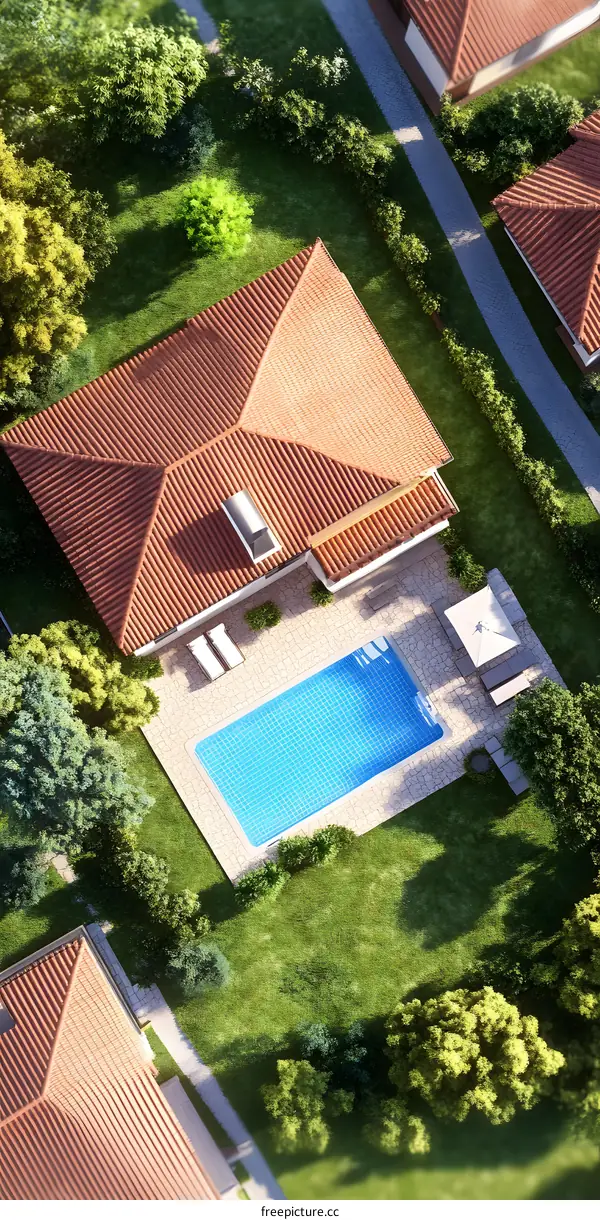 Aerial View of a House with a Swimming Pool and Lush Green Garden