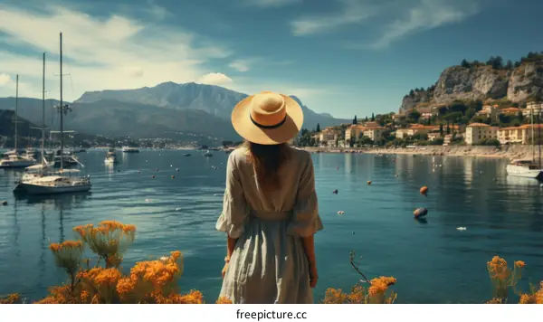 A woman looks out from a sheer cliff over glistening waters of the Mediterranean Sea