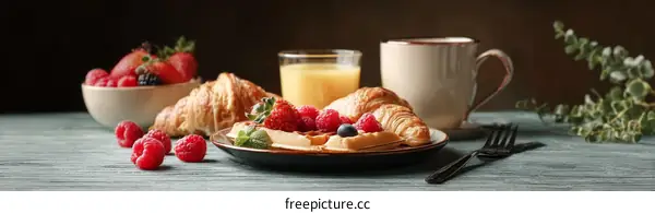 Delicious Breakfast with Croissants Waffles and Berries