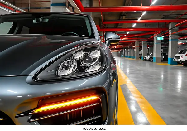 Close Up of a Modern Gray Car in an Underground Parking Garage