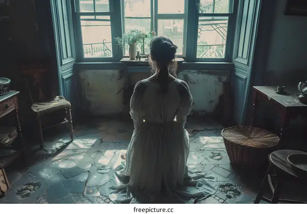 A woman is kneeling on the floor in an abandoned room