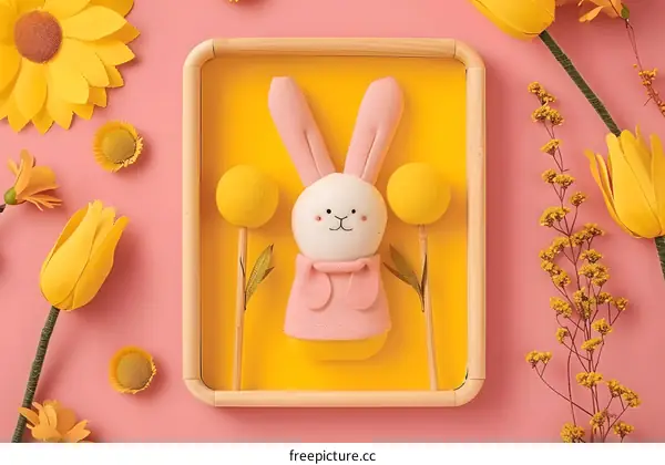 Cute Pink Bunny in a Yellow Frame with Flowers