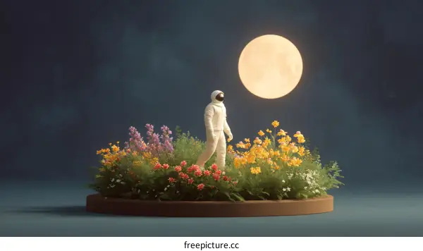 Astronaut Walking Through Floral Moon Garden