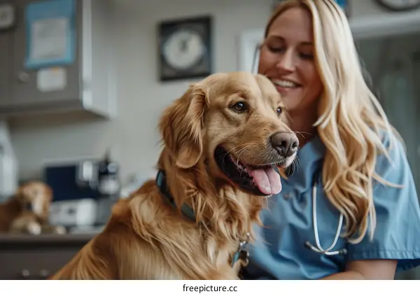 A blonde veterinarian smiling at a golden retriever dog