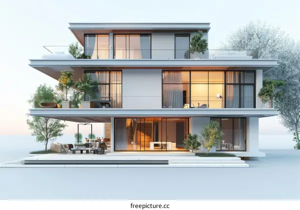 Modern house exterior with large glass windows