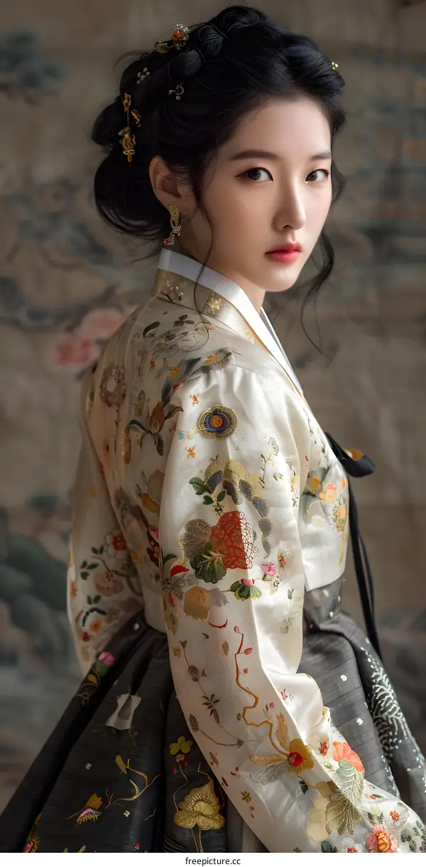 Portrait of a young woman in traditional Korean dress, or Hanbok
