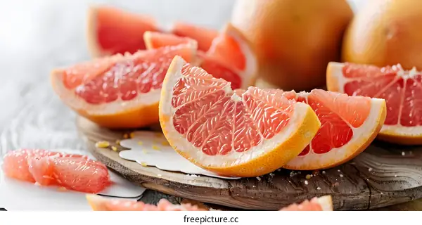 Fresh Sliced Grapefruit on Wooden Board