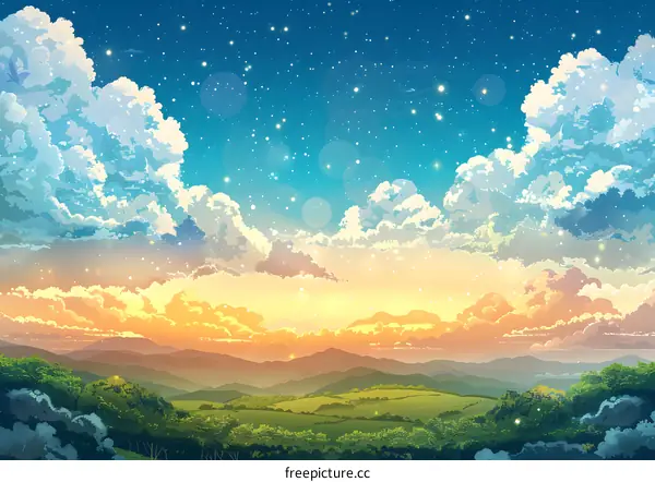 anime landscape scenery clouds sunset field