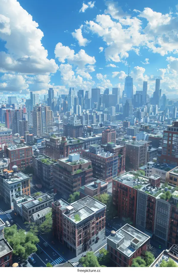 American City Skyline with Skyscrapers and Blue Sky