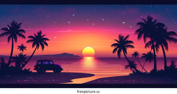 Sunset Silhouette on Tropical Beach with Car