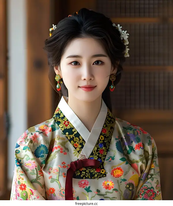 Portrait of a young woman in traditional Korean dress, or Hanbok