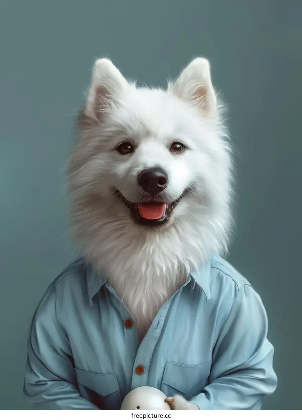 A smiling white dog wearing a blue shirt