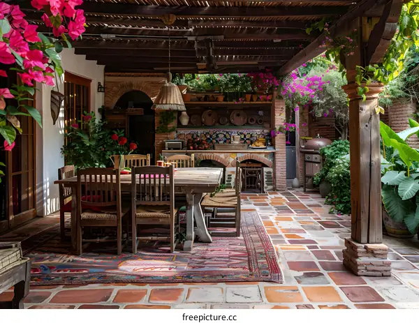 Rustic outdoor kitchen and dining area with colorful Mexican tile and patterned rug