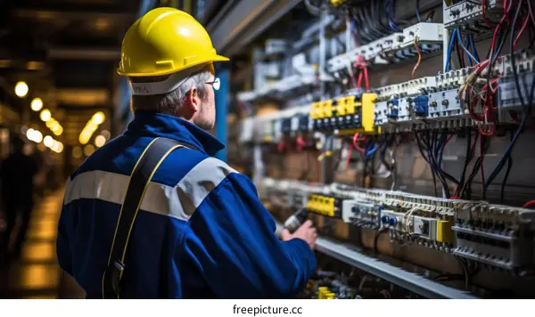 technician in hard hat inspecting electrical control panel