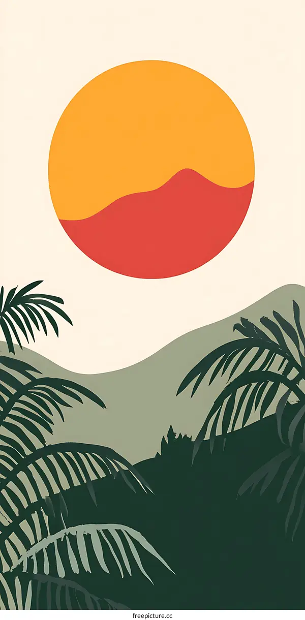 Abstract Palm Tree Landscape With Sunset