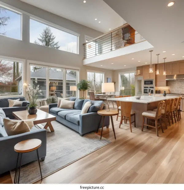 Modern house interior living room kitchen dining room