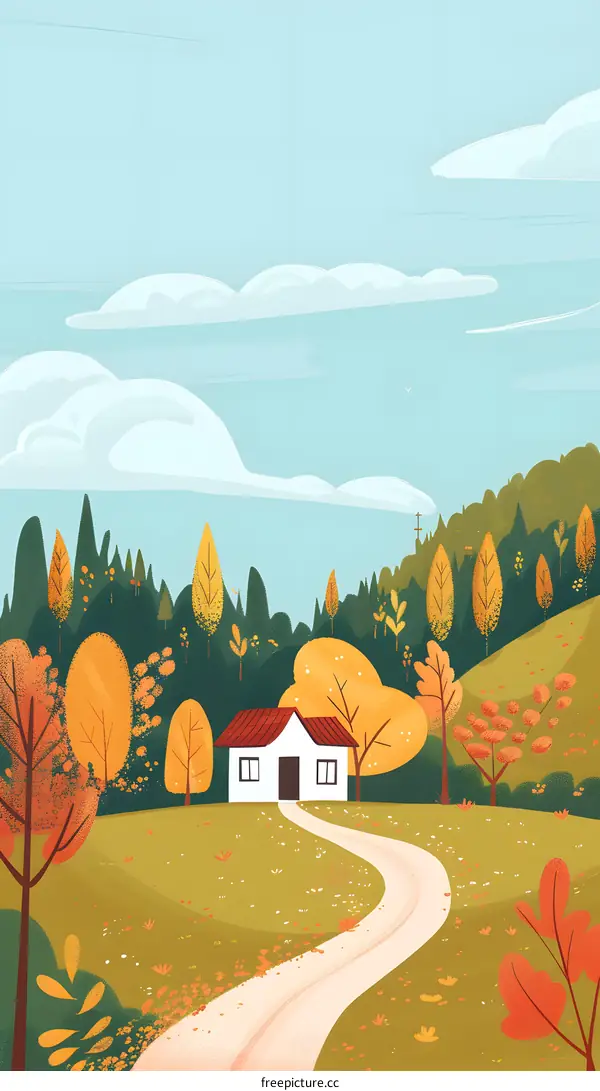 Autumn Forest House Landscape Illustration