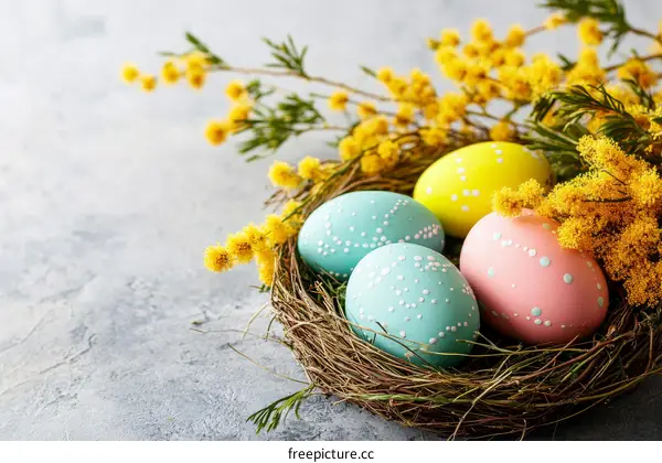 Colorful Easter Eggs in a Nest with Spring Flowers
