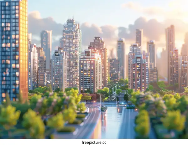 Cityscape Illustration with Buildings and Trees