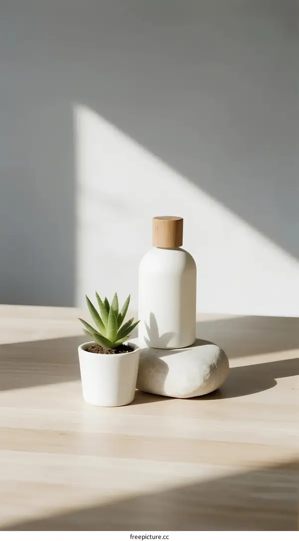 Minimalist white bottle and potted plant on wooden table