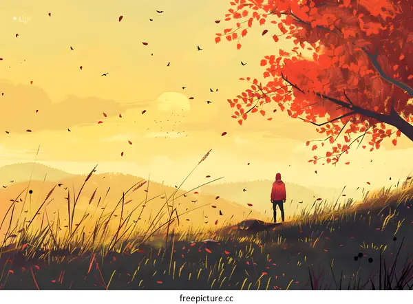 Red Leaves Fall In The Autumn Sunset