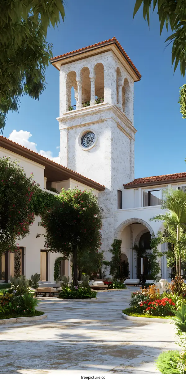 White Building with Clock Tower and Lush Greenery in a Sunny Day