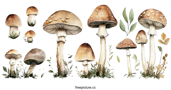 [Transparent Background PNG]Watercolor Mushroom Illustration Set